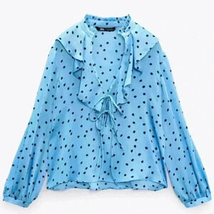 ZARA POLKA DOT BLOUSE WITH RUFFLES SATIN
EFFECT SIZE XS V Neck Ties
Long Sleeves